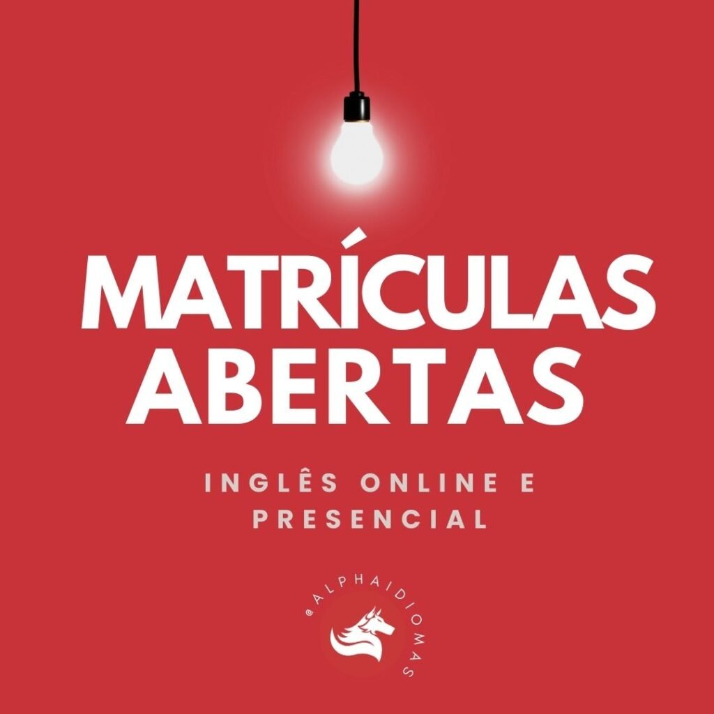 Banner promocional da Alpha Idiomas anunciando matrículas abertas para curso de inglês com metodologia de aprendizagem acelerada. Cursos online e presencial