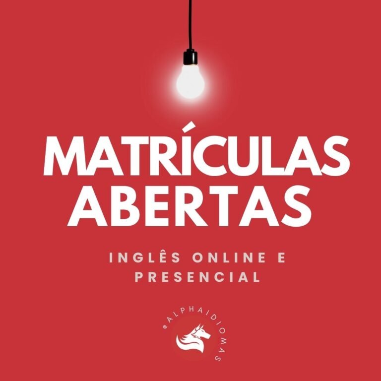 Banner promocional da Alpha Idiomas anunciando matrículas abertas para curso de inglês com metodologia de aprendizagem acelerada. Cursos online e presencial