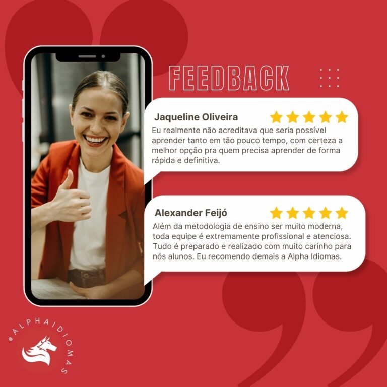 Alunos satisfeitos da Alpha Idiomas compartilhando depoimentos positivos sobre o curso de inglês.