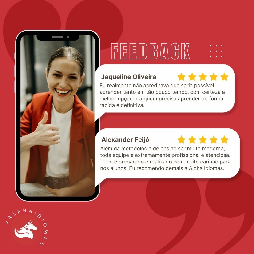 Alunos satisfeitos da Alpha Idiomas compartilhando depoimentos positivos sobre o curso de inglês.