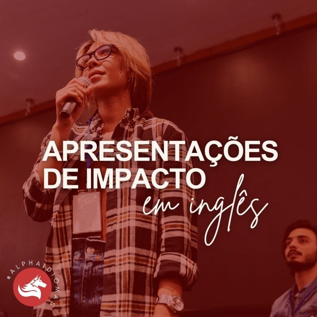 Pessoa fazendo apresentação em inglês com impacto e confiança durante uma palestra.